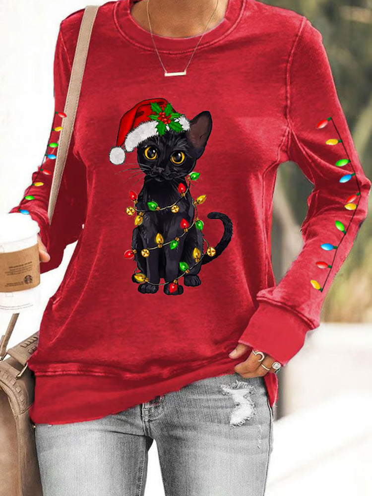 Comstylish Women's Christmas Black Cat Christmas Tree Christmas Lights Casual Sweatshirt
