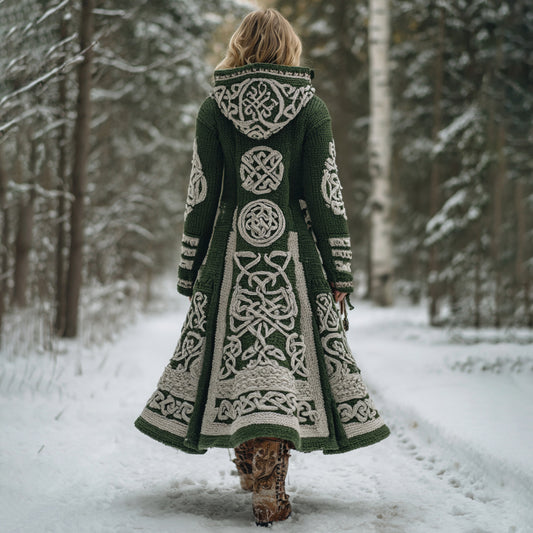 Women's Viking Celtic Knot Pattern Knit Hooded Long Sweater Coat artswardrobe