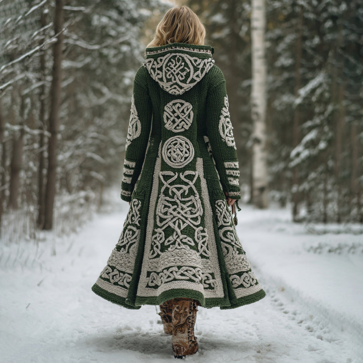 Women's Viking Celtic Knot Pattern Knit Hooded Long Sweater Coat
