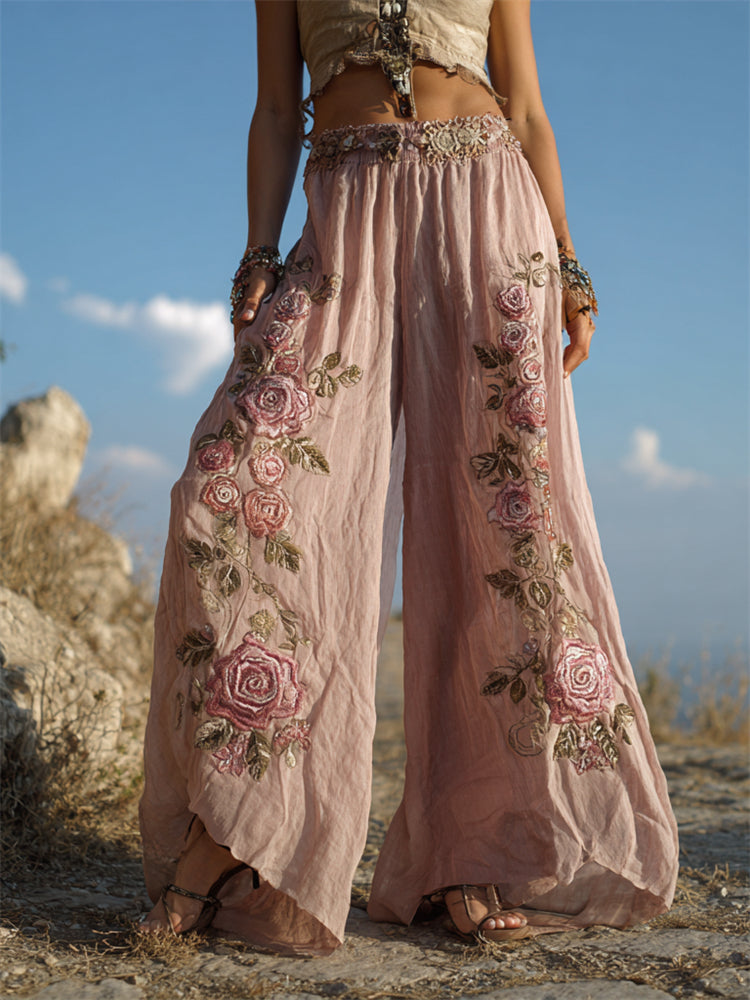 Vintage Pink Roses Embroidered Flowy Wide Leg Linen Pants artswardrobe