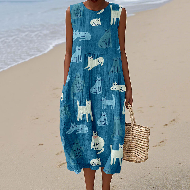 Lovely Cats Pattern Print Linen Tank Dress elevenforest