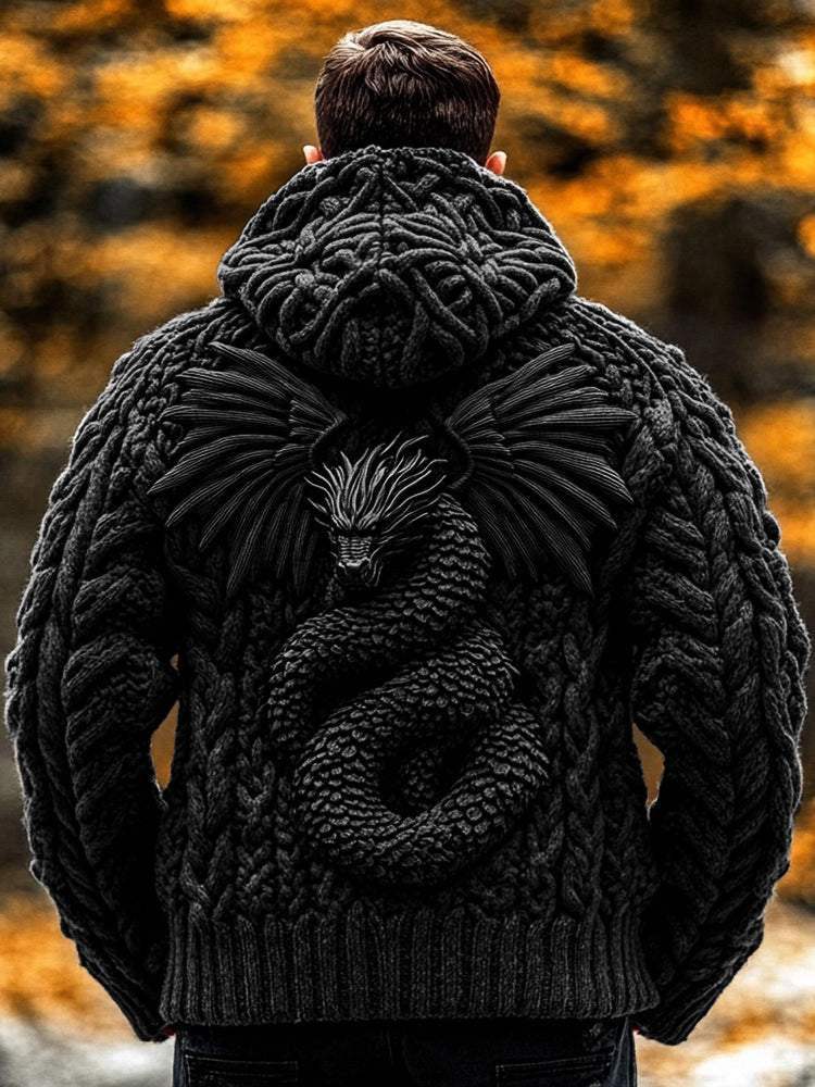 Men's  Dragon Viking Celtic Chunky Knit Hooded Sweater elevenforest