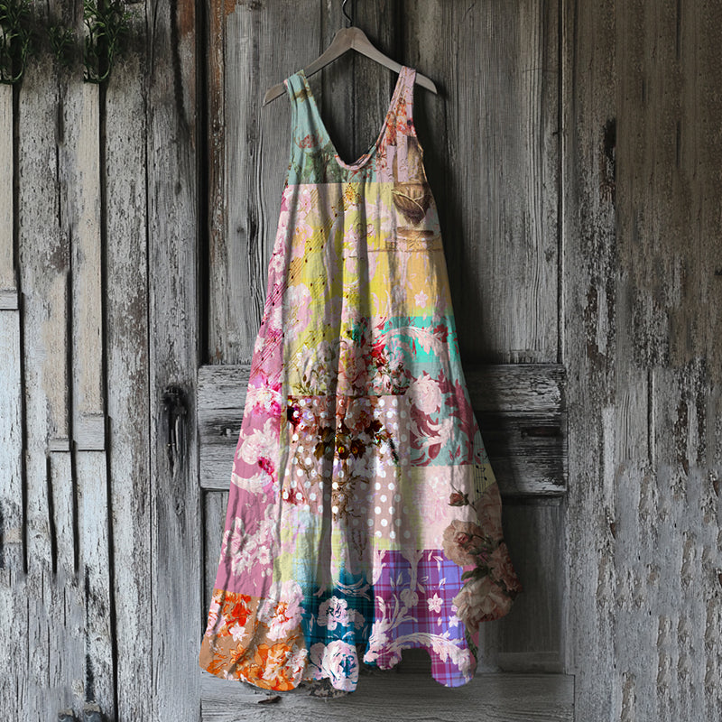 Women's Vintage Floral Patchwork Art Linen Midi Dress artswardrobe