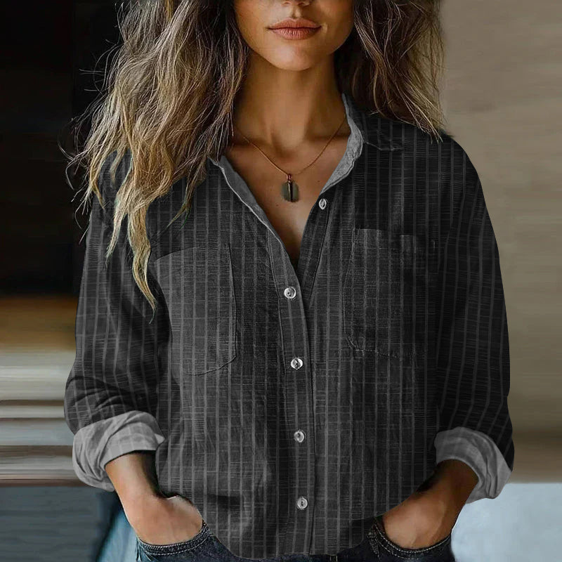 Comstylish Women's Vintage Stripe Art Print Casual Long Sleeve Comfortable Cotton Shirt