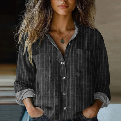 Comstylish Women's Vintage Stripe Art Print Casual Long Sleeve Comfortable Cotton Shirt