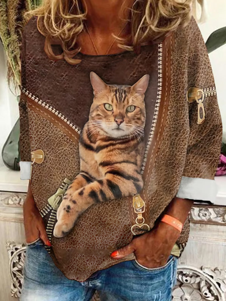 Retro Cat 3d Zipper Leather Print Sweatshirt artswardrobe