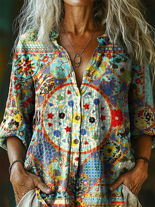 Women's Vintage Ethnic Floral Art Print Casual Cotton Linen Shirt