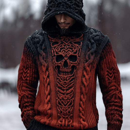 Men's Celtic Skull Cable Jacquard Chunky Hooded Sweater artswardrobe