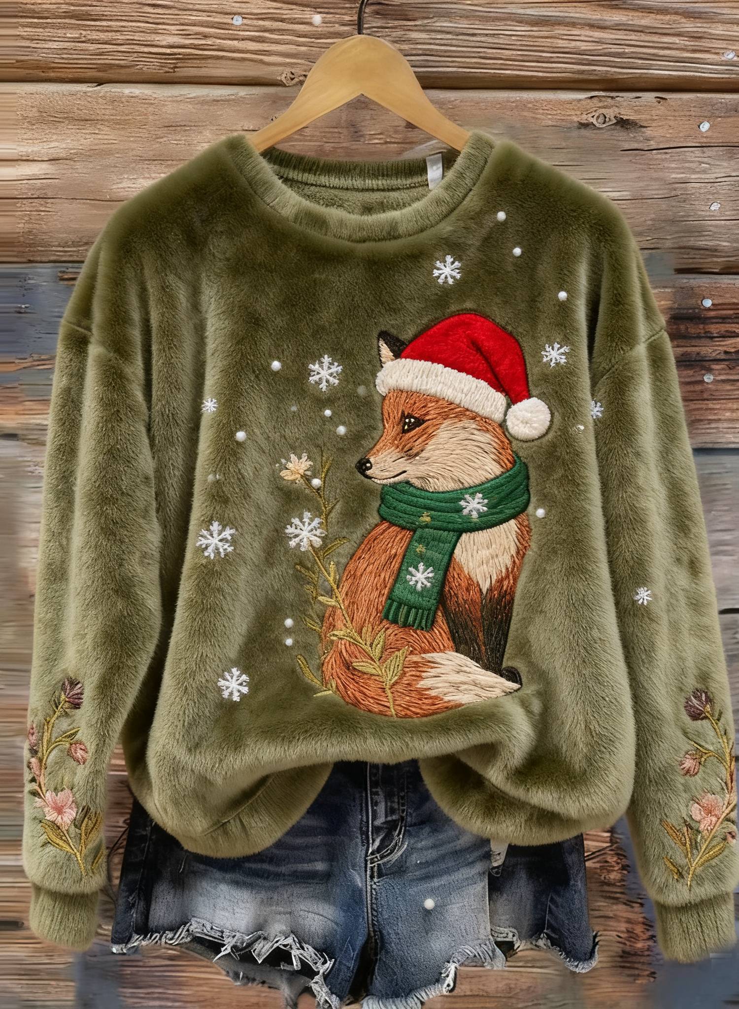 Christmas Fox And Floral Warm Plush Pullover Sweater