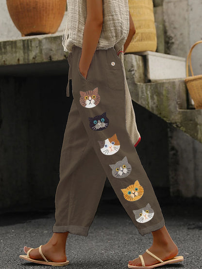 Cute Cats Animal Embroidery Pattern Linen Pants artswardrobe
