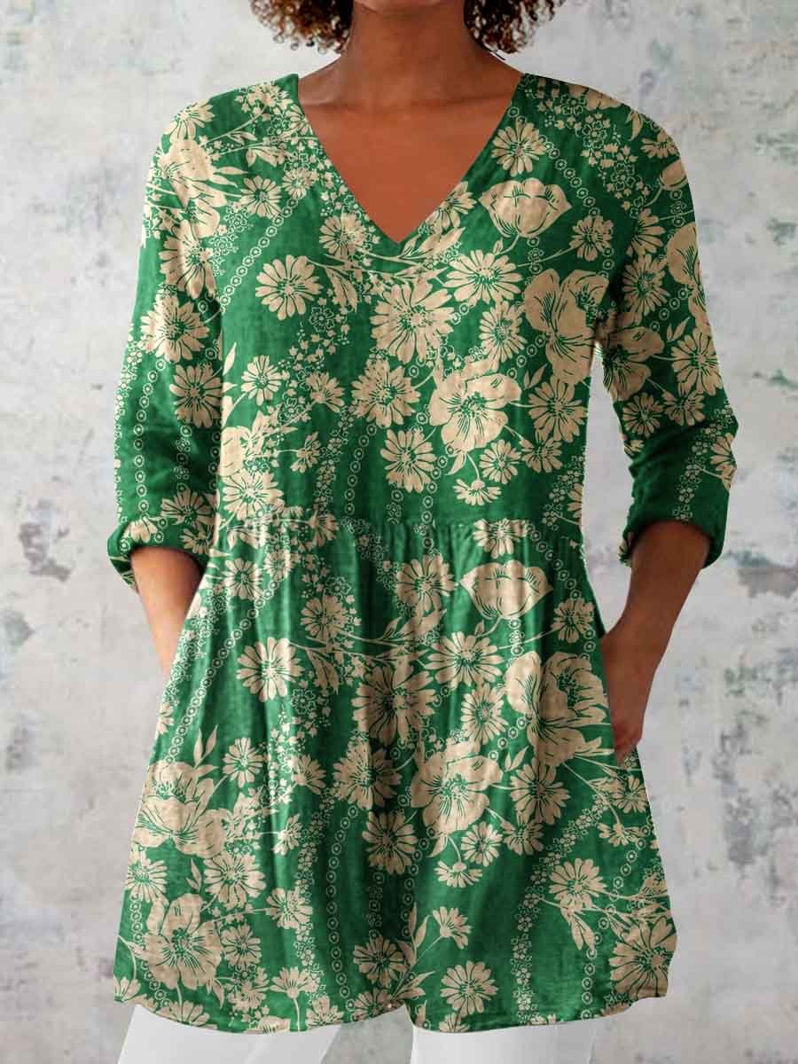 Women's Elegant Floral Pattern Round Neck Cotton and Linen Top