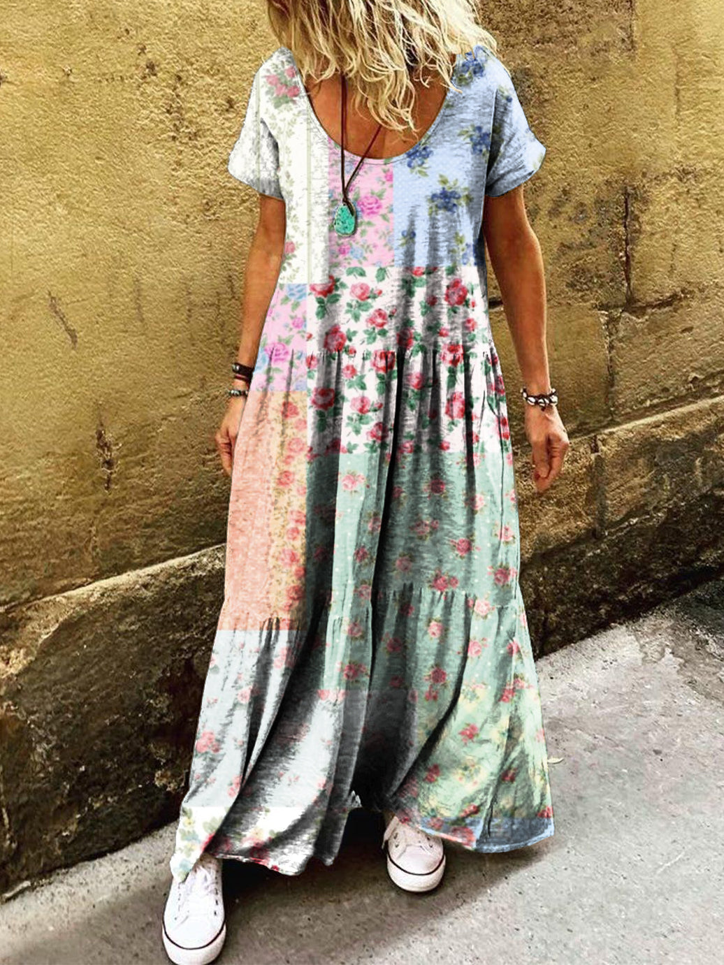 Women's Vintage Floral Patchwork Art Print Pocket Short Sleeve Cotton