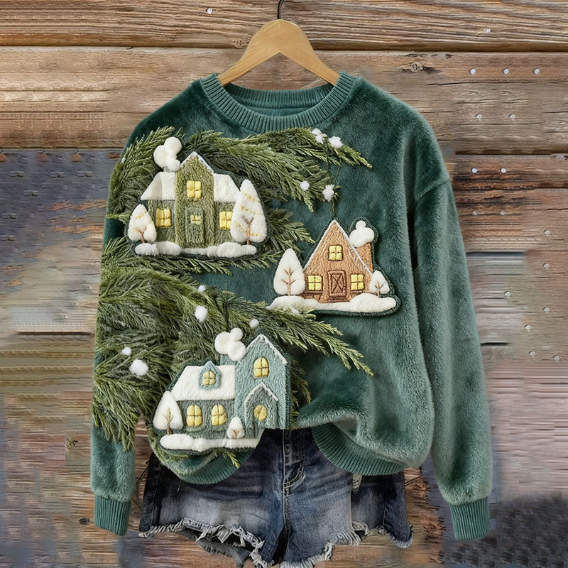 Comstylish Women's Little Christmas House On Pine Branches Art Cozy Plush Sweater