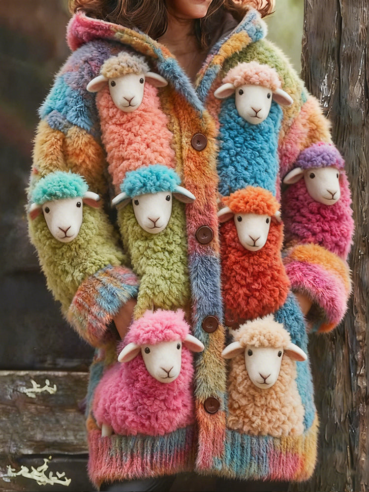 Comstylish Colorful Sheep Warm Hooded Long Cardigan