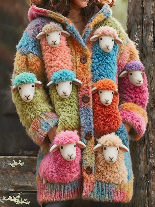 Comstylish Colorful Sheep Warm Hooded Long Cardigan