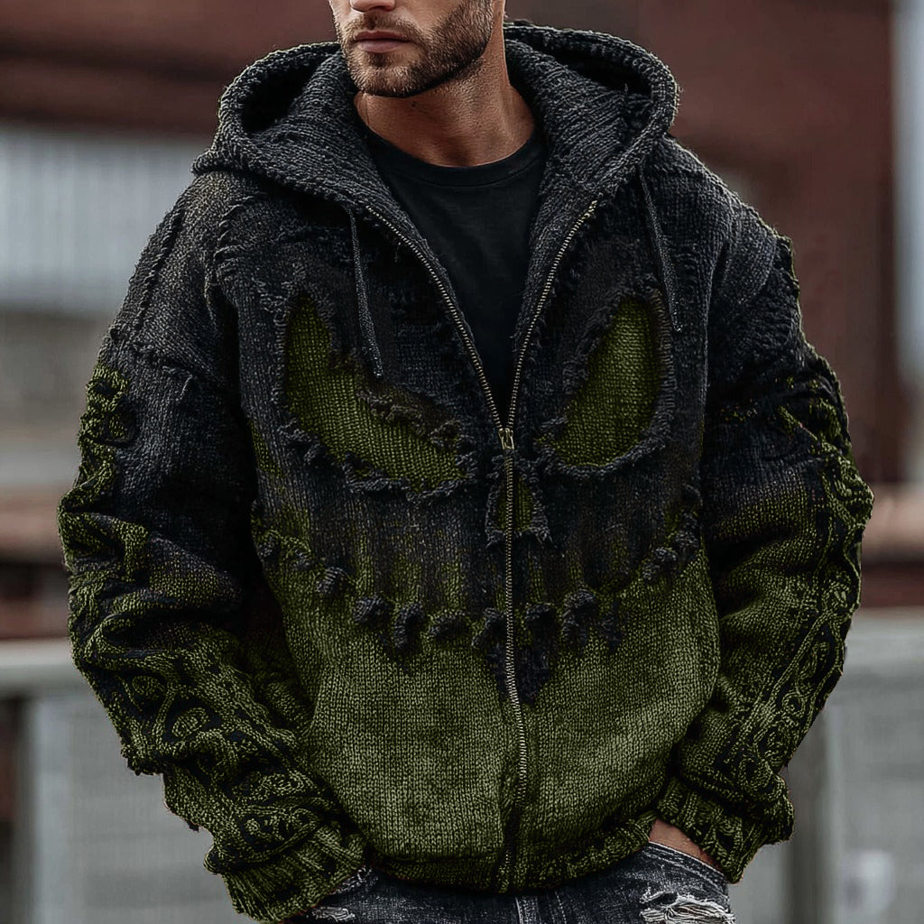 Men's Halloween Spooky Face Gradient Inspired Knitted Distressed Zipper Up Hooded Sweater artswardrobe