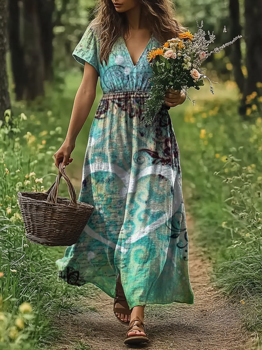 Women's Art Painting Love Heart Vintage Print V-Neck Dress