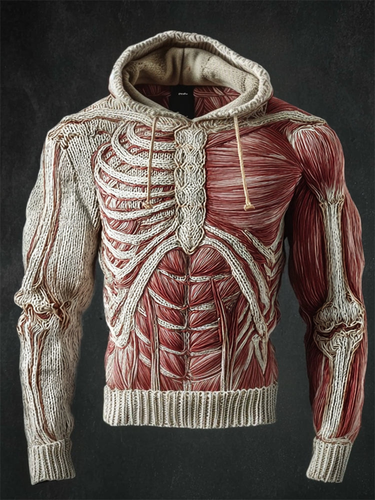 Men's Halloween Skeleton & Muscle Anatomy Cozy Knit Hooded Sweater artswardrobe