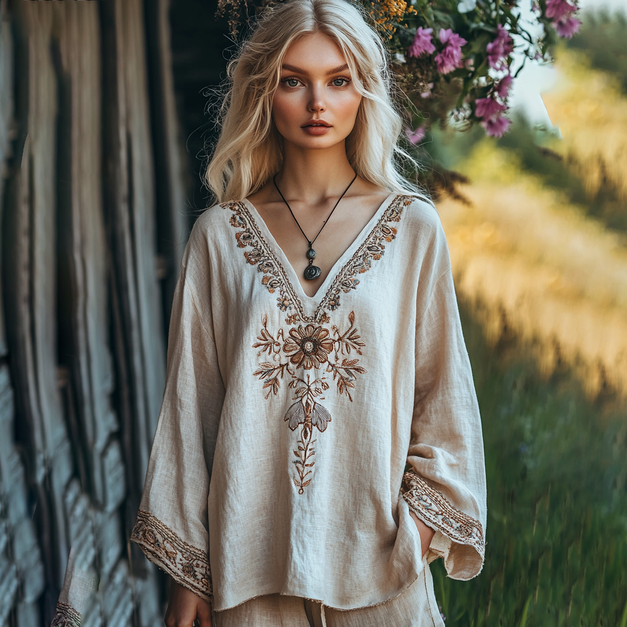 Vintage Bohemian Floral Art Cozy Linen Shirt artswardrobe