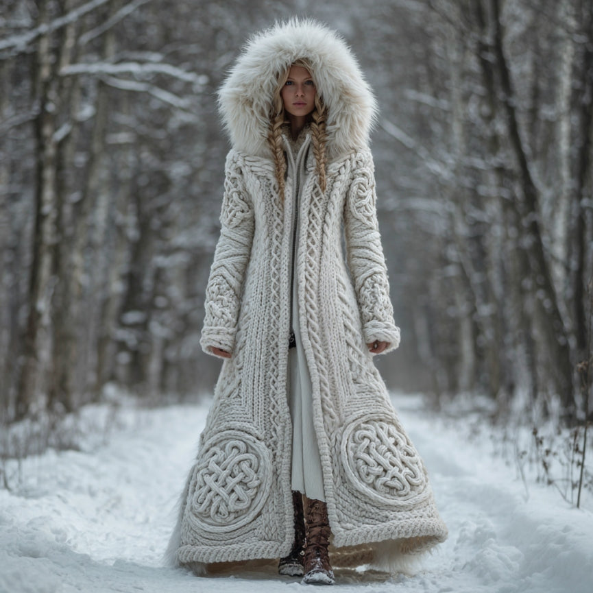 Comstylish Women's Viking Celtic Knot Art Cozy Fur Trim Hooded Cardigan