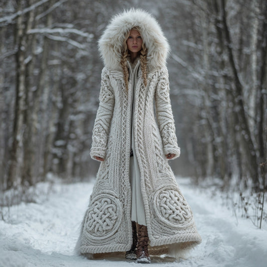 Comstylish Women's Viking Celtic Knot Art Cozy Fur Trim Hooded Cardigan