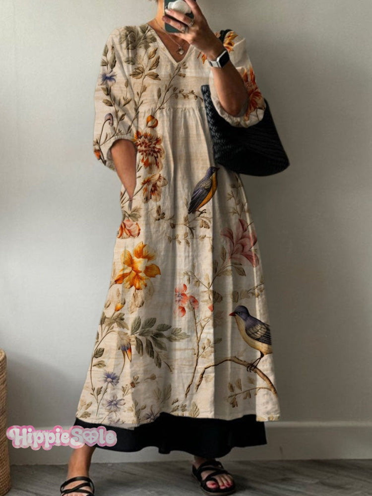 Women's Vintage Lovely Floral Birds Art Print Pocket V-neck Cotton Dre