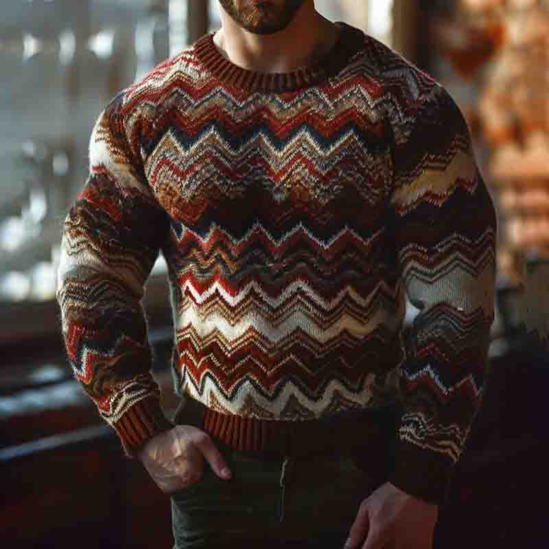 Men's Vintage Geometry Rainbow Art Knitted Crew Neck Sweater elevenforest