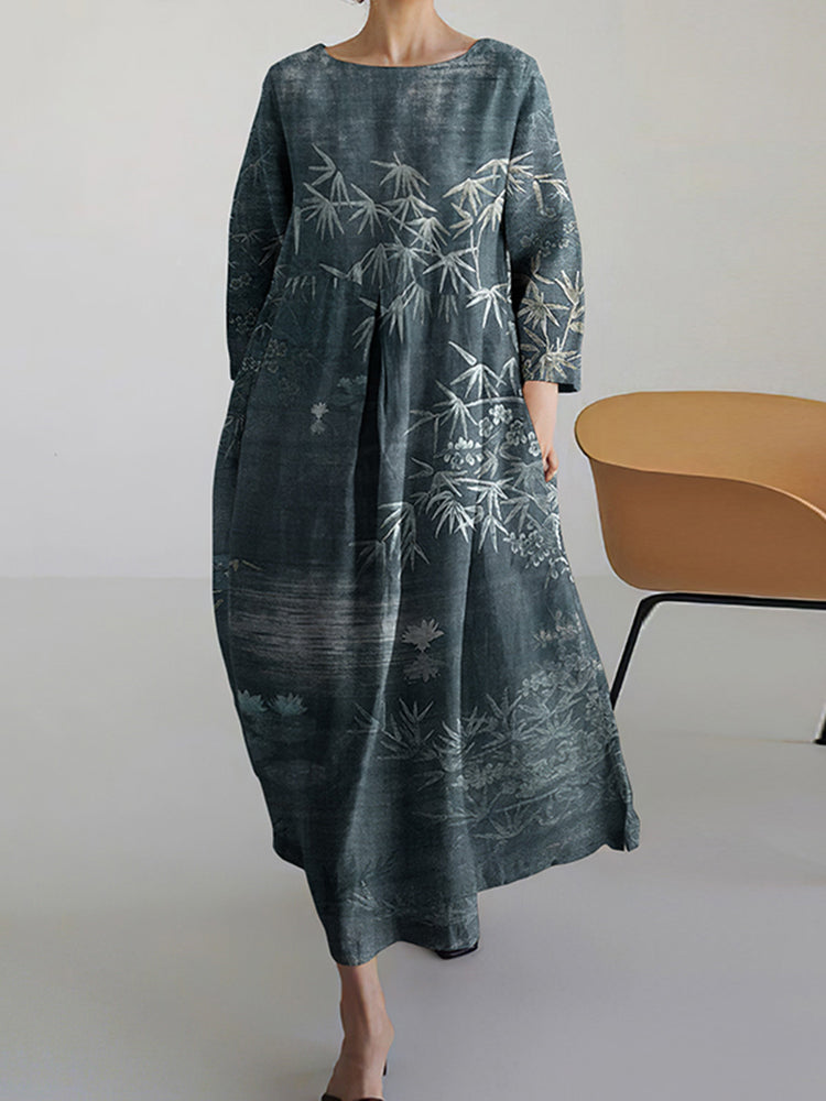 Vintage Bamboo Print Long Sleeve Casual Midi Dress