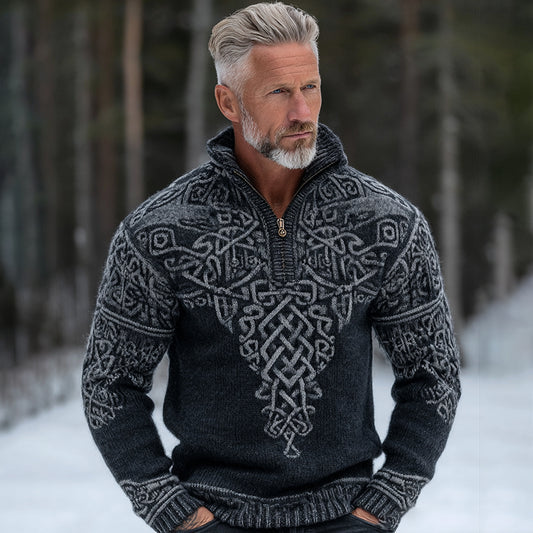 Men's Viking Celtic Knot Pattern Cozy Knit Half Zipped Sweater elevenforest