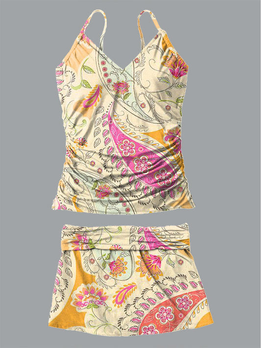 Women's Bohemian Floral V-Neck Print Suspender Skirt Tankini Pantskirt Set Swimsuit