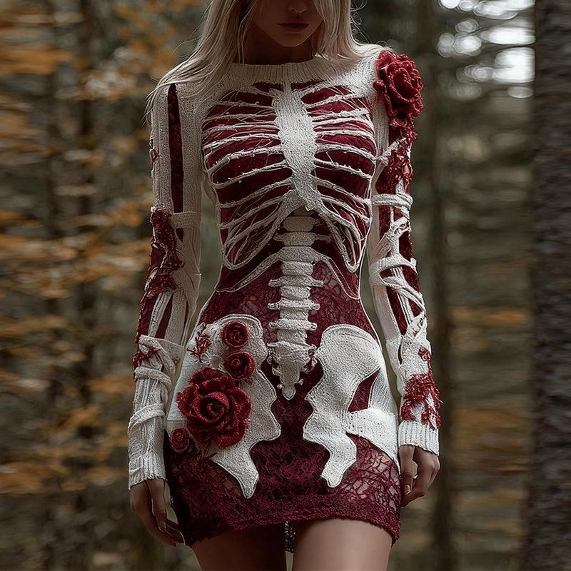 Classy Bloody Roses Skeleton Art Bandages Knit Sweater Dress artswardrobe