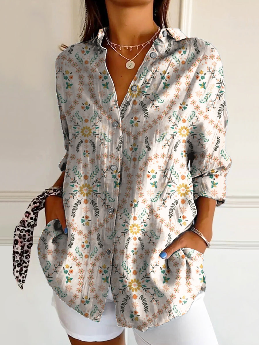 Women's Vintage Floral Art Print Casual Cotton Shirt