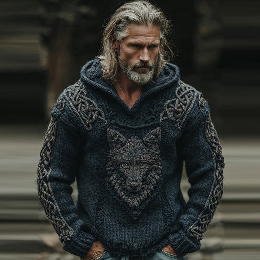 Men's Viking Wolf Celtic Knot Jacquard Knitted Hooded Sweater artswardrobe