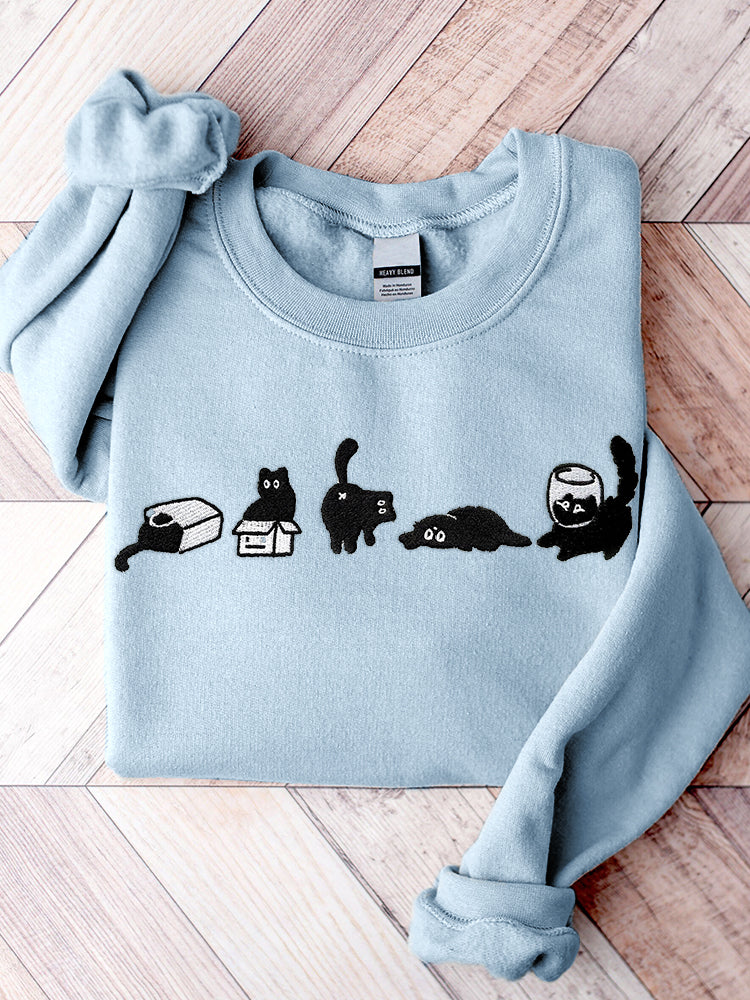 Comstylish Cute Black Cat Embroidery Pattern Sweatshirt