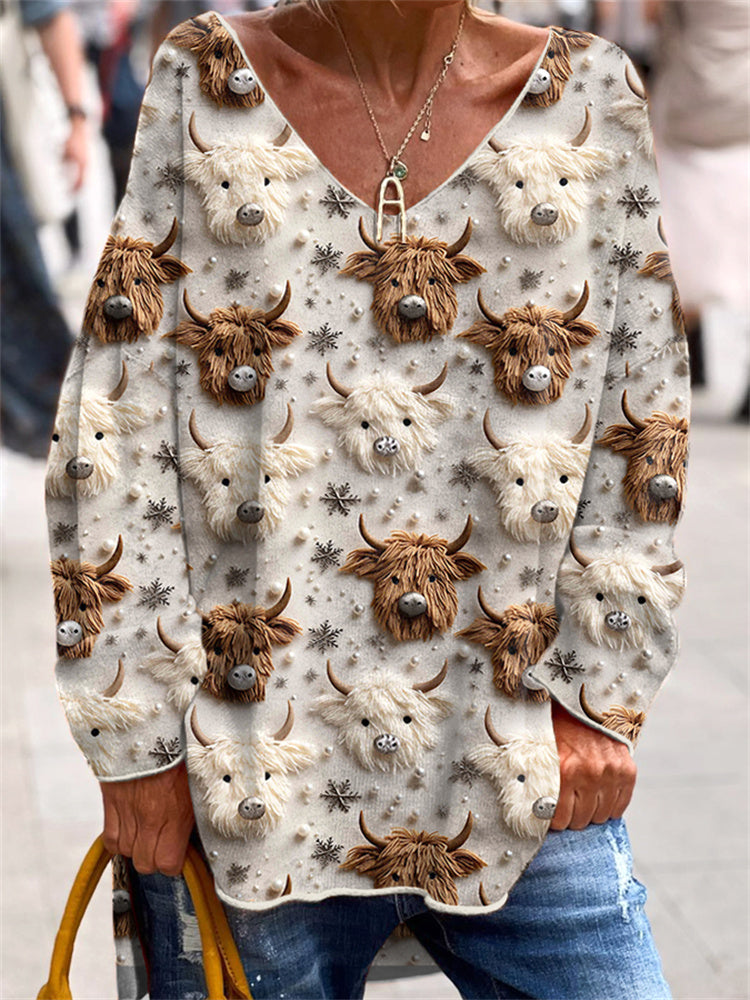 Highland Cow & Christmas Snowflake Casual V-Neck Long Sleeve T-Shirt artswardrobe