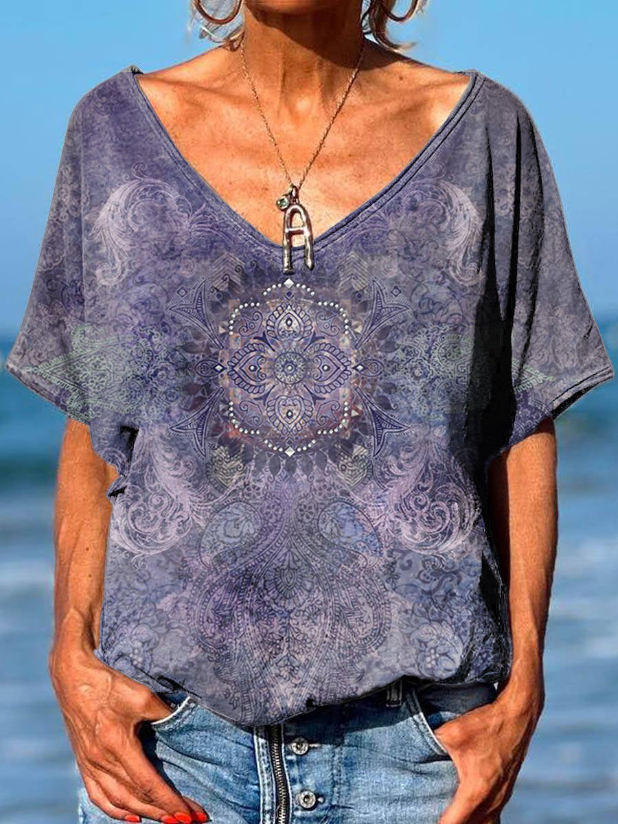 Vintage Print 100% Cotton V-neck T-shirt