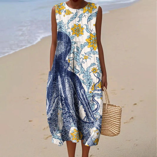 Comstylish Women's Vintage Octopus And Floral Print Cotton Casual Dress