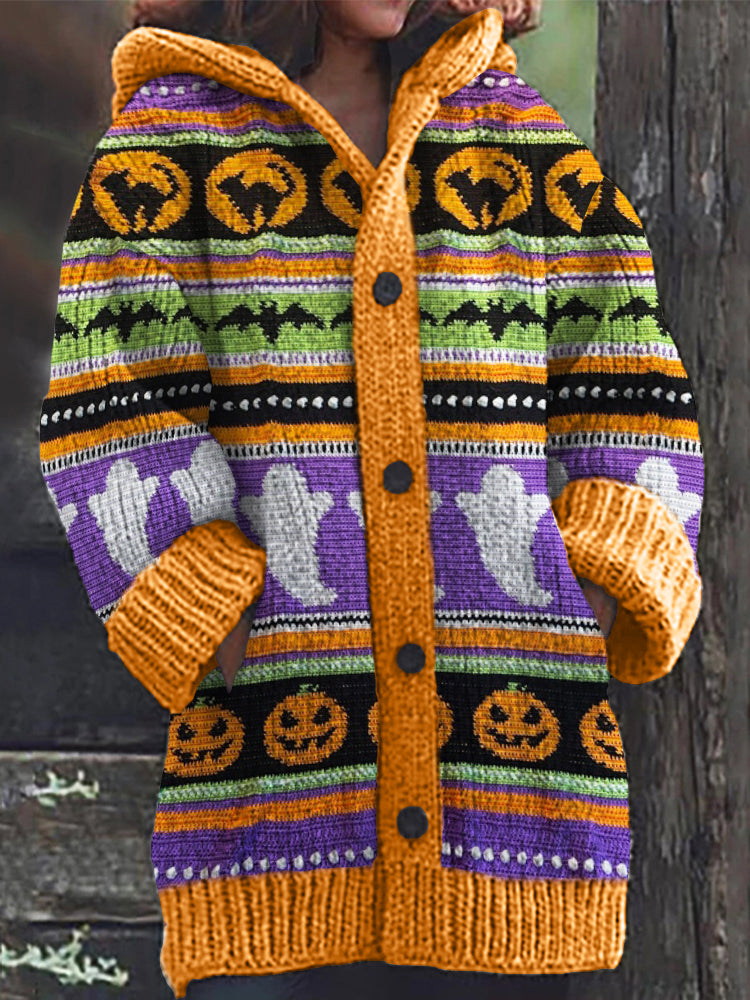 Vintage Halloween Colorblock Cozy Knit Hooded Cardigan artswardrobe