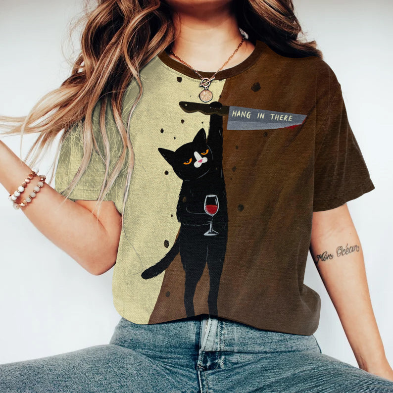 Hang In There Cat Print Round Neck Short Sleeve T-Shirt elevenforest