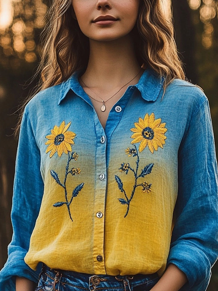 Comstylish Sunflowers Embroidered Contrast Color Linen Blend Shirt