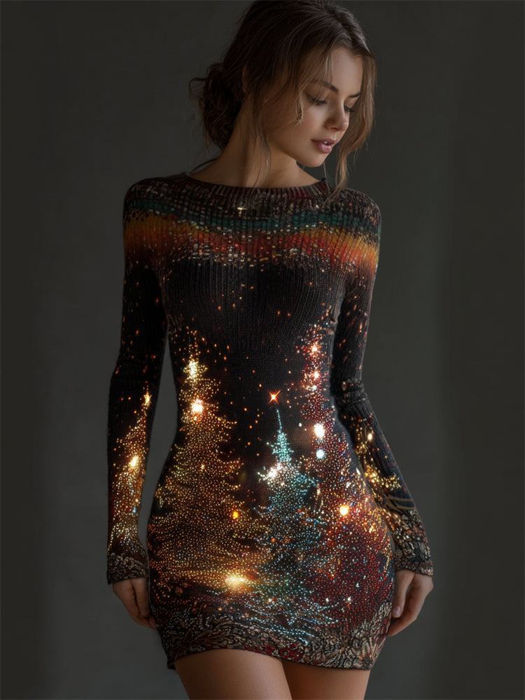 Colorful Glitter Christmas Trees Slim Fit Sweater Dress artswardrobe