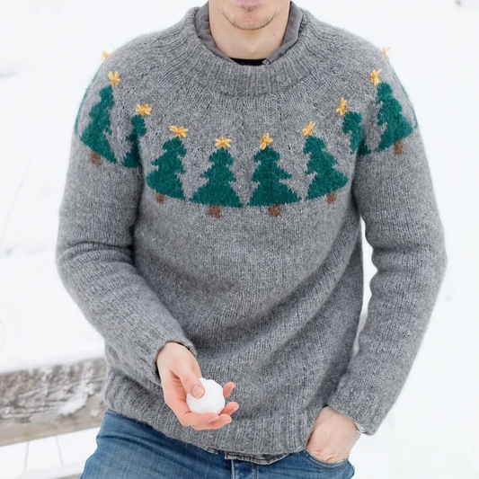 Men's Christmas Tree Art Printed Knitted Warm Crew Neck Sweater elevenforest