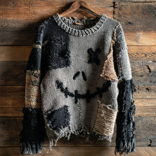 Halloween Pumpkin Face Contrast Stitched Cozy Knit Sweater elevenforest