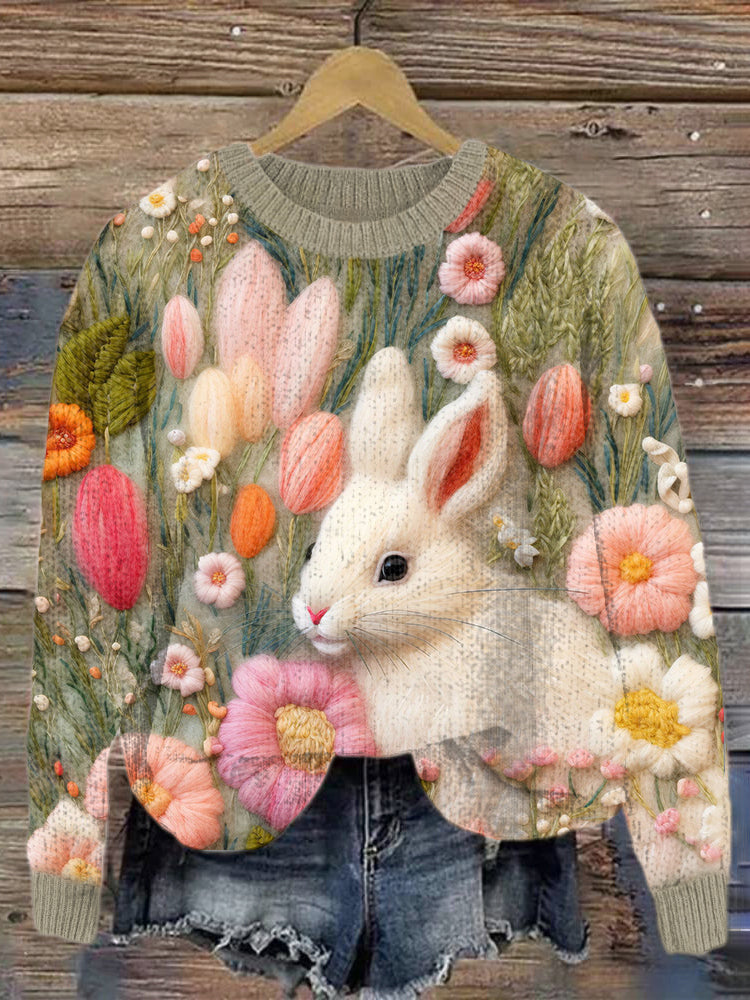 Cute Bunny & Floral Felt Art Cozy Knit Sweater artswardrobe