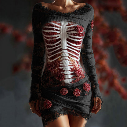 Comstylish Halloween Bloody Red Roses Rib Cage Lace Comfy Mini Dress