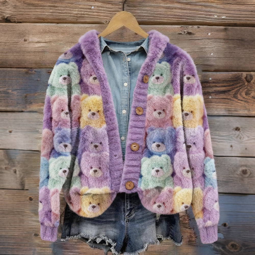 Cute Pastel Fluffy Teddy Bears Cozy Knit Hooded Cardigan artswardrobe