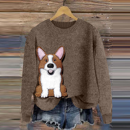 Comstylish Cute Corgi Applique Embroidery Cozy Sweater