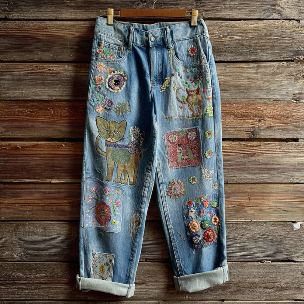 Women's Bohemian Style Colorful Floral Cat-themed Dreamy Embroidered Jeans