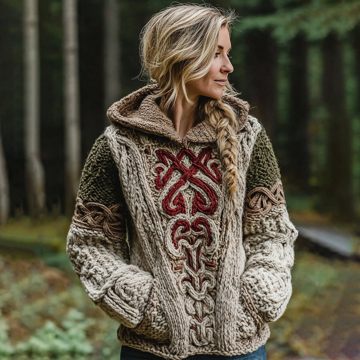 Women's Celtic Knot Irish Jacquard Contrast Print Knit Hoodie artswardrobe