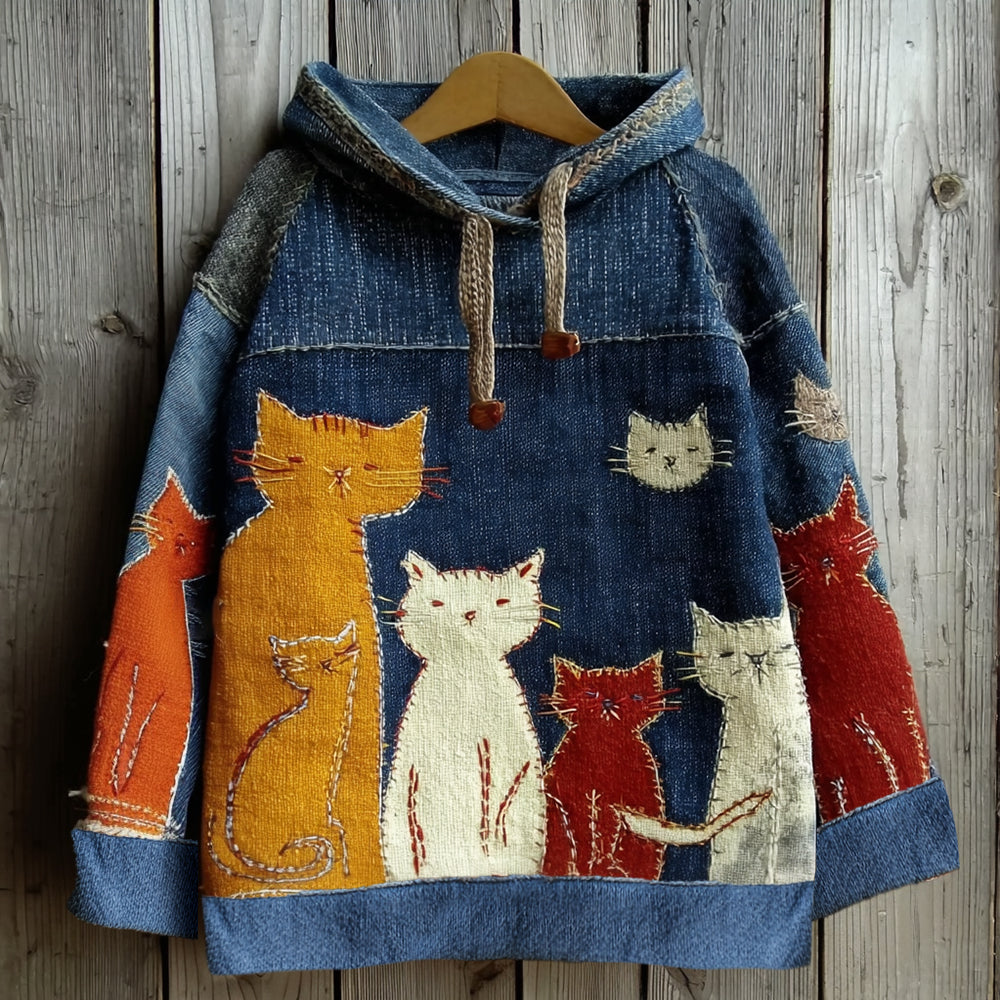 Comstylish Vintage Patchwork Lovely Cute Colorful Cat Inspired Washed Hoodie
